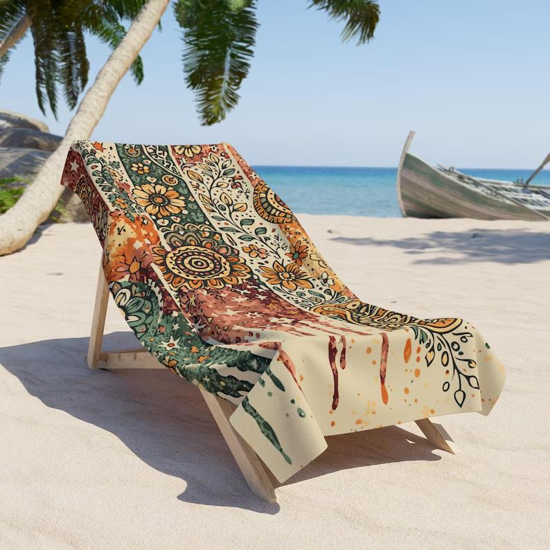 Bohemian Hippie Panels Beach Towel Bands of Groovy Florals Mandalas Folk-style Botanicals Painterly Washes and Drip Effects
