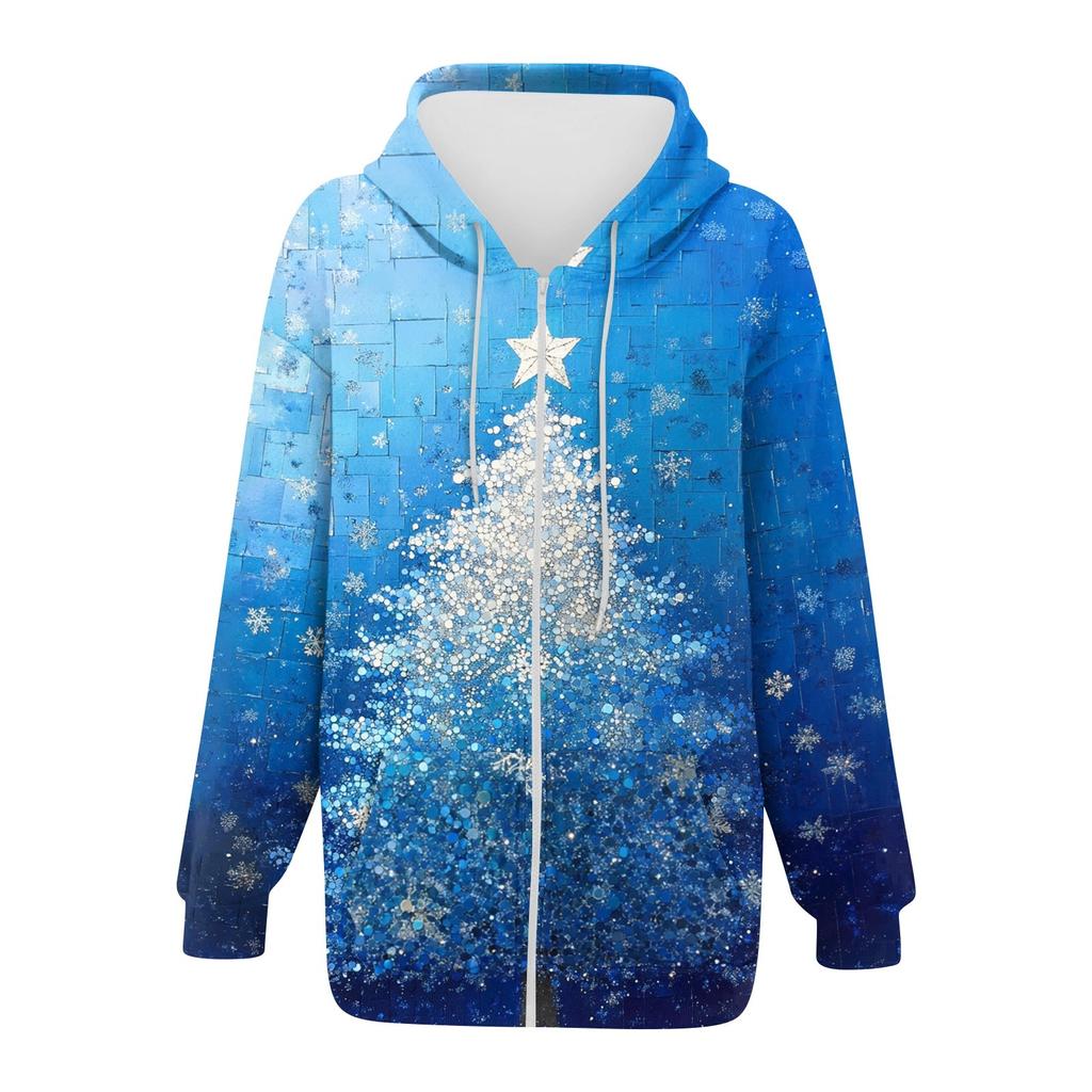 Ladies Fashion Casual Christmas Print Sweatshirt  Winter Long Sleeve Cardigan Jacket With Pocket Zipper Hoodie Jacket