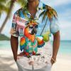 Trendiges Retro-Papageien-Cocktail-Print Kurzarmhemd Auffälliges Trendiges Lässiges Outfit Perfekt für den Sommer