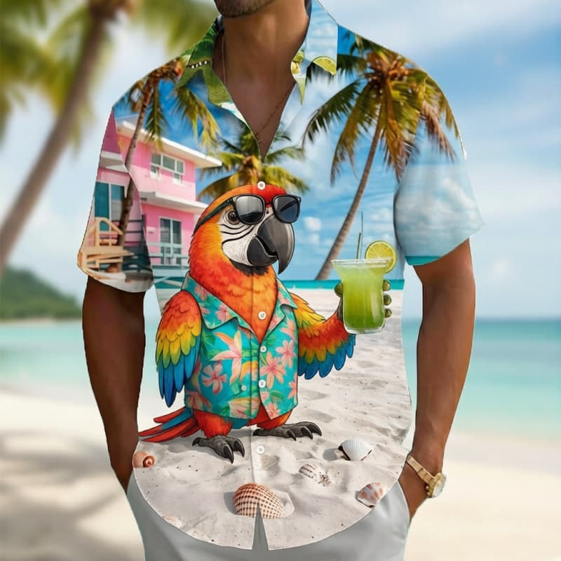 Trendy Retro Parrot Cocktail Print Short Sleeve Shirt Bold Trendy Casual Outfit Wear Perfect Summer 4XL