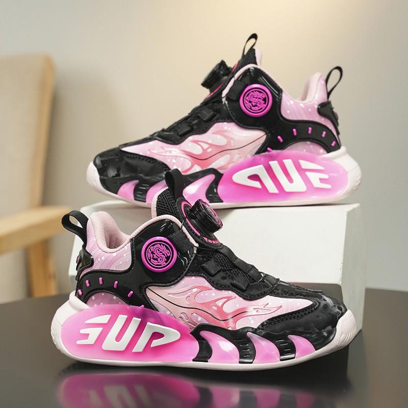 Kids Basketball Shoes Boys Girls Lightweight Synthetic Leather Sneakers With Rotating Buckle