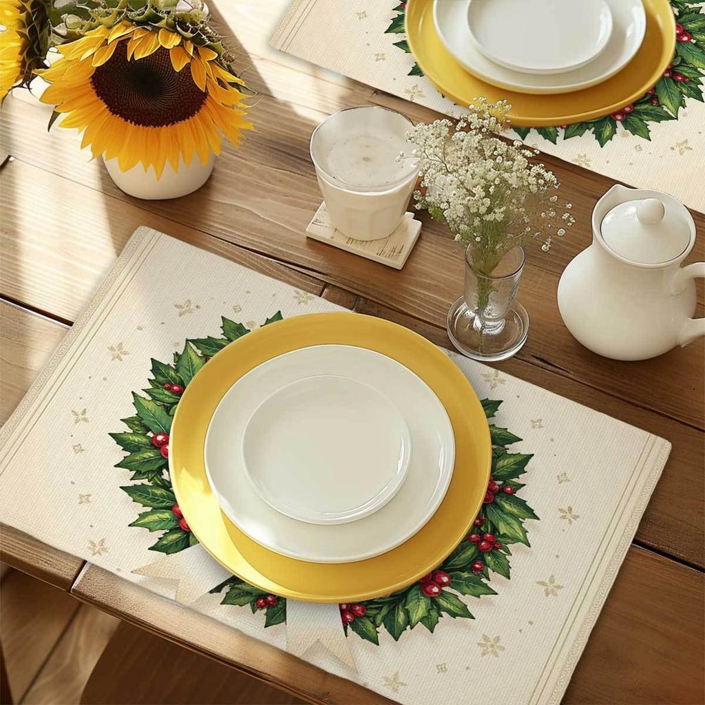4pcs Set, 2D Flat Print Placemats - Elegant Christmas Wreath Rectangular Table Mats for Holiday Gatherings, Family Parties, Picn