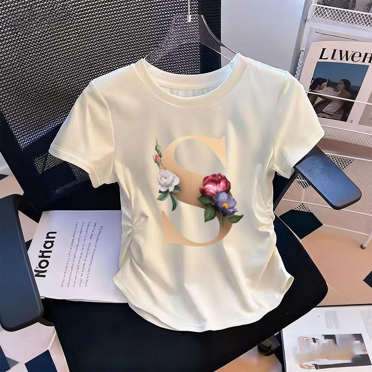 

Womens WaistDefining Elastic T Shirt Floral Letters S printed Short Sleeve Round Neck top tee Graphic tshirts S