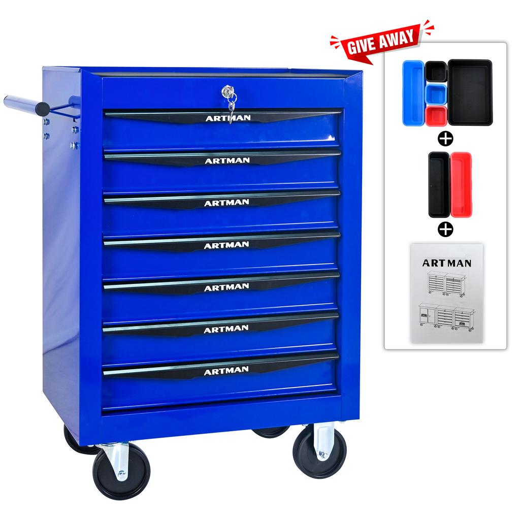 Mobile metal tool cabinet with 7 drawers, 508 mm (20 inch) and ball-bearing drawer slides, organizing steel tool box – black-blue