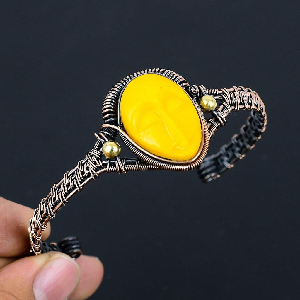 Yellow Praying Lady Carved Bone Face Handmade Latest Design Jewelry Bangle, 999 Copper Wire Wrapped Gemstone Bangle, Gift For Sister