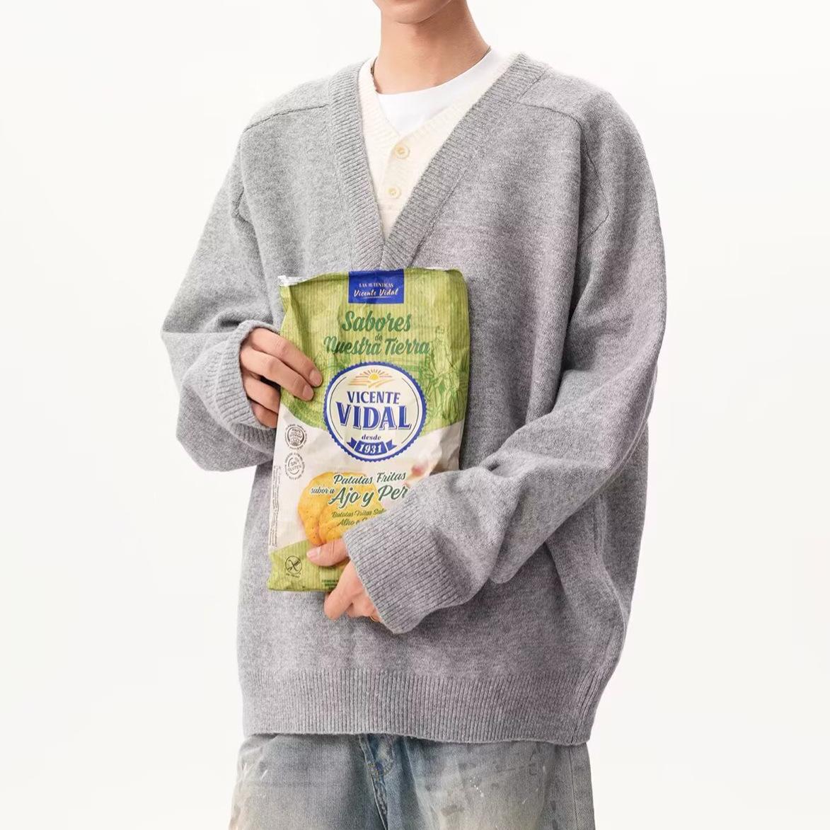 Men s Korean Style V-Neck Patchwork Knit Sweater - Autumn/Winter Solid Color Pullover 2XL серый