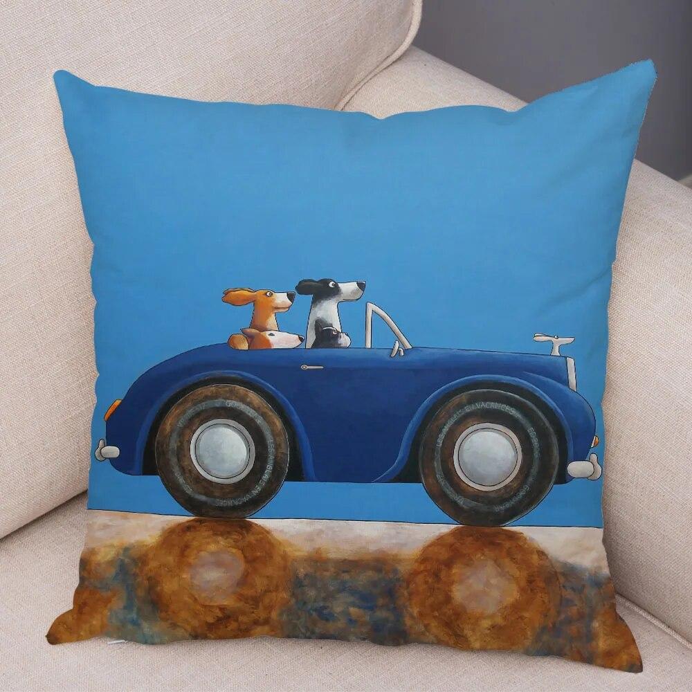 Decor pentru casă Husă de pernă cu desene animate colorate care conduce autobuzul câinelui drăguț animale de companie dalmați fată de pernă canapea decorare mașină acasă