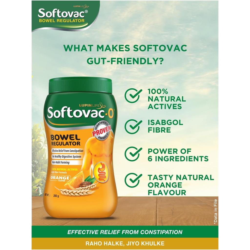 Softovac-O Isabgol Bowel Regulator Powder Orange Flavour 250 G Natural Digestive Support Constipation Relief Gas and Bloating Aid for Adults
