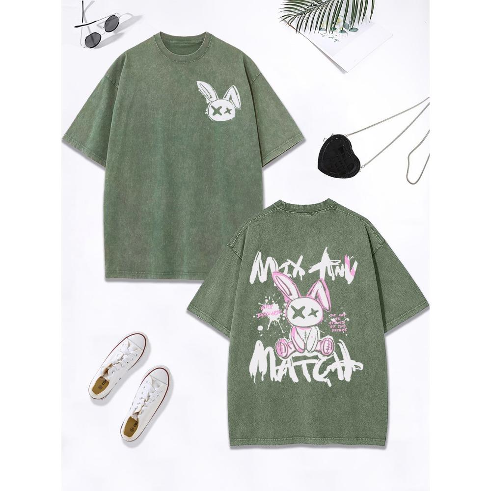 Cartoon Rabbit Match Graffiti Text Prints Washed T-Shirt Women Cotton Oversize Tops O-Neck Distressed T Shirt Clothes