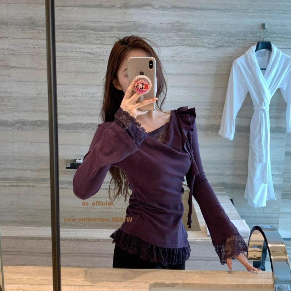 Velvet Lace Swing Collar Slim Fit Women's Long Sleeve Irregular Top
