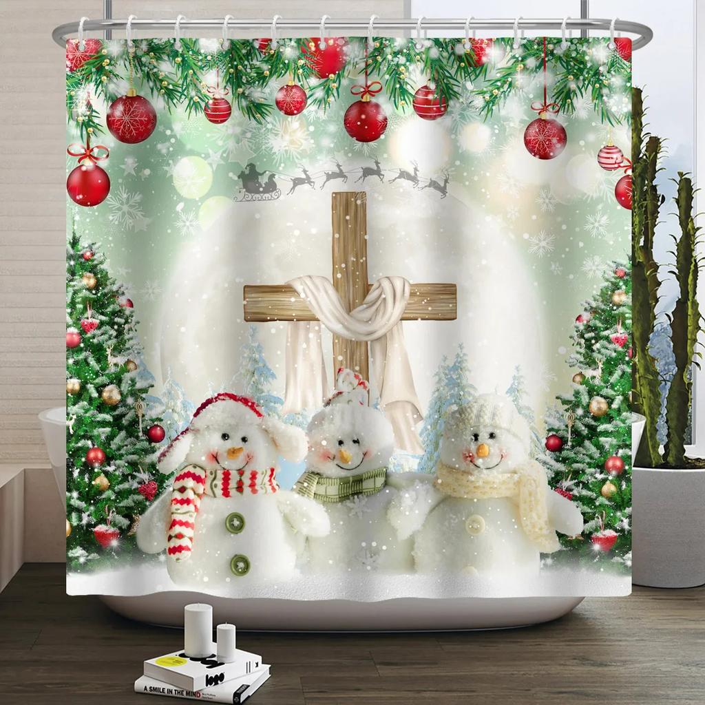 ZHL22Christmas Shower Curtain for Bathroom Waterproof Decoration with Hooks Weighted Lead Hem Heavy Duty Polyester Bath Curt2Ol%