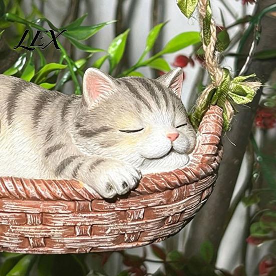 Sleeping Kitten Hanging Ornament Basket Cat Statue, Cute Figurine, Weatherproof Decor for Balcony Resin Outdoor Garden Patio Porch Decoration