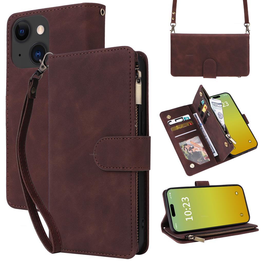 For iPhone 15 Plus Case Zipper Multi-Pocket Wallet Leather Phone Cover with Shoulder and Wrist Straps