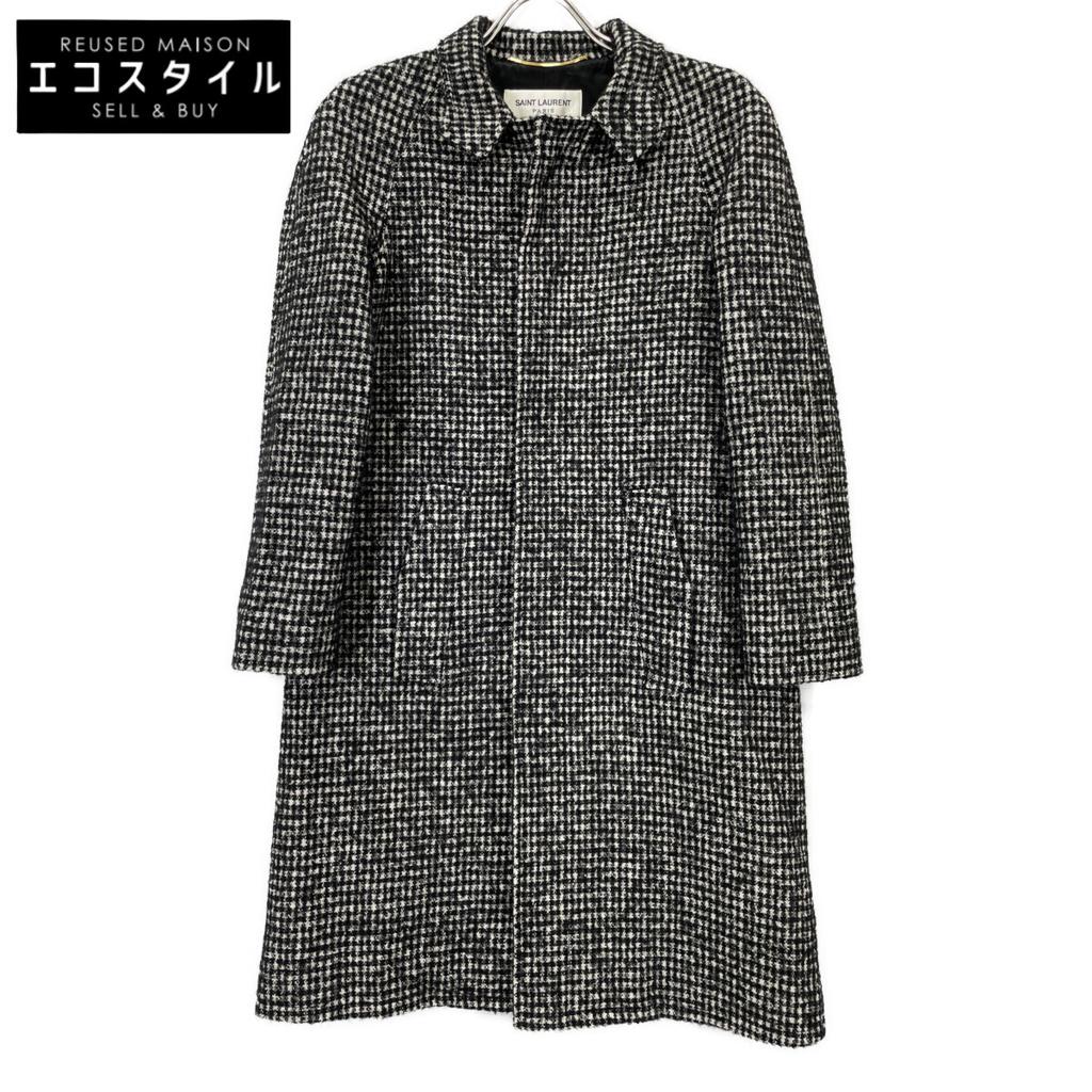 Saint Laurent Paris 2015 Houndstooth Soutien Collar Coat 402944 Coat 34 Black X whiteUsed
