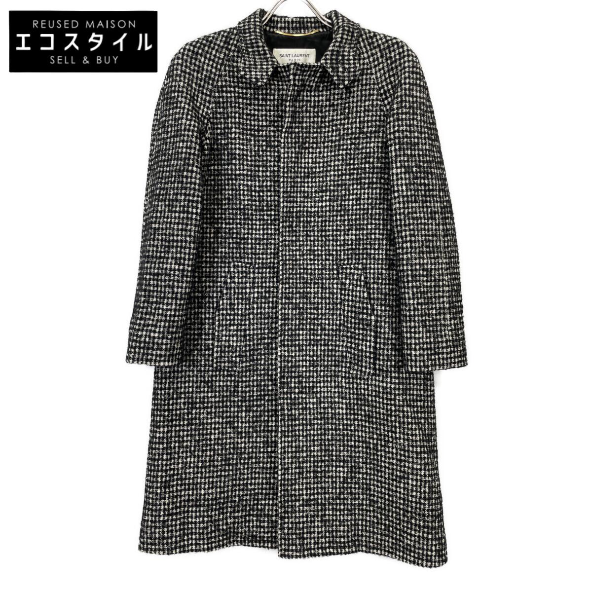 

SAINT LAURENT PARIS 2015 Houndstooth Soutien Collar Coat 402944 coat 34 Black x whiteUsed