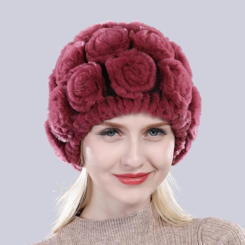 New Arrival Flowers Real Fur Hats Winter Russian Women Natural Rex Rabbit Fur Caps Lady Genuine Rex Rabbit Fur Beanies Cap