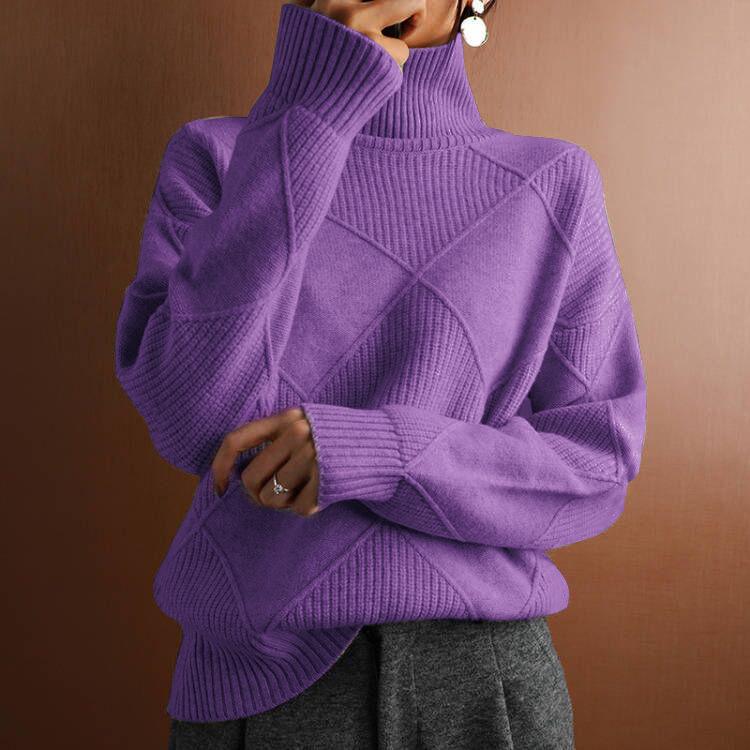 European & American Style Loose Knitted Pullover: Women's Solid Color High Neck Diamond Sweater