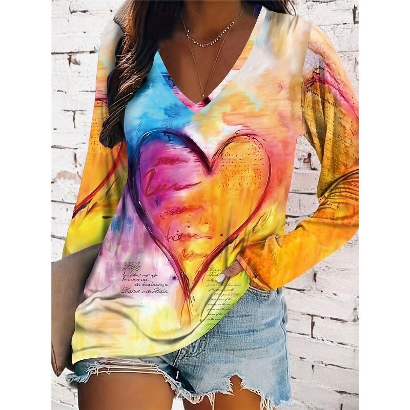 

Women s Elegant V-neck Cute Heart Print Long Sleeve T-shirt Soft Polyester Perfect for Autumn and Winter Casual Wear Tops S