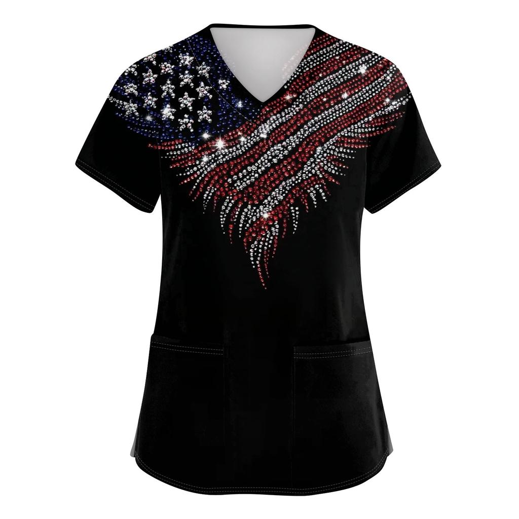 Women's V-neck Independence Day Print Short-sleeved Pocket Side-opening Protective Work Shirt