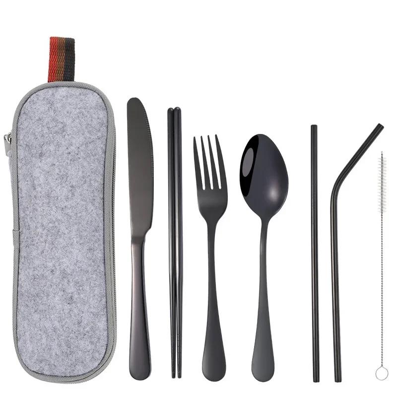 7Pcs/set Creative Knife Fork Spoon Chopsticks Travel Straw Combo Set Stainless Steel Cutlery Portable Reusable