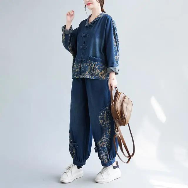 Autumn Ethnic Style Stitching Printing Disc Buckle Casual All-match Loose Jeans Suit