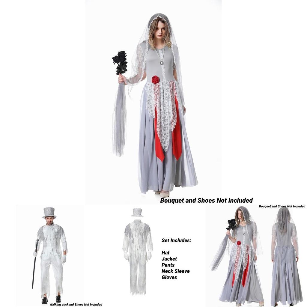 Ymkq Halloween Vampire Party Costume Adult Unisex White Ghost Bride And Groom Cosplay Performance Attire
