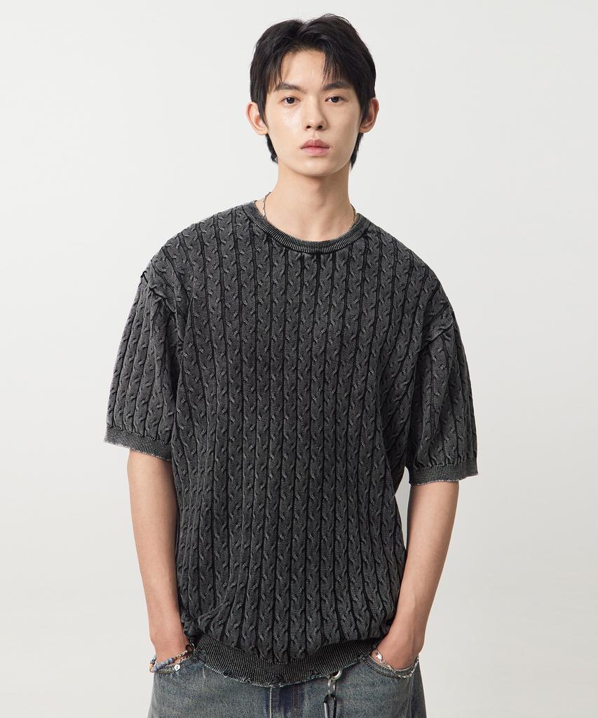 Dimiteulibeullaeg Vlad Vintage Dyed Cable Short Sleeve Knit_Black