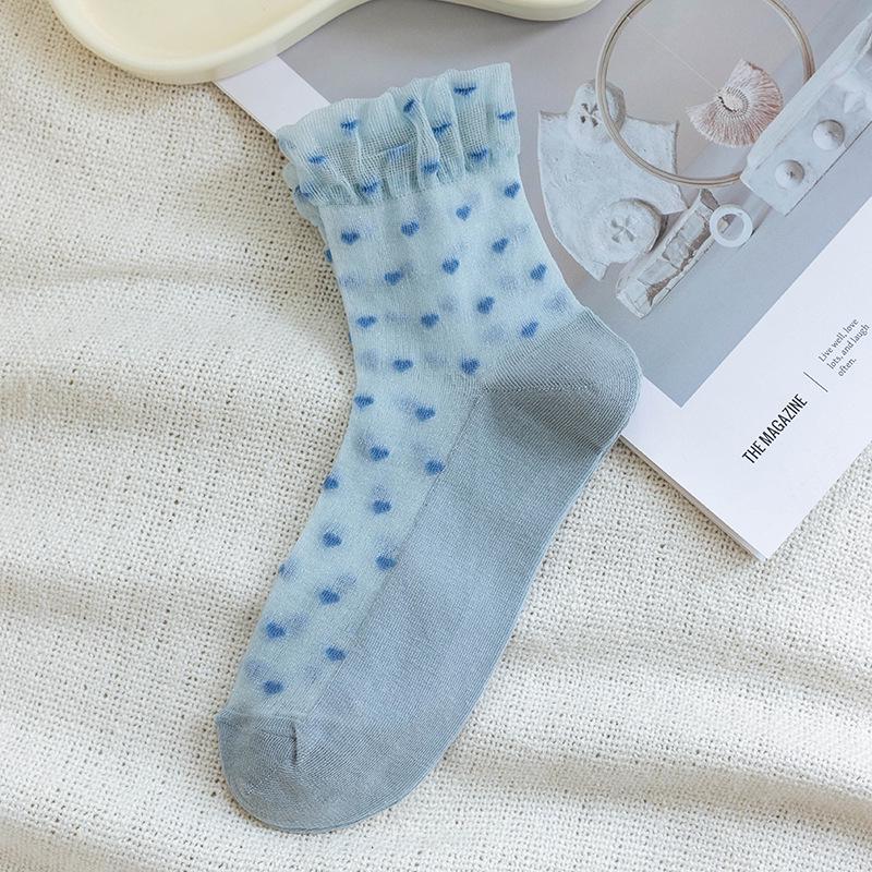 Love Heart Crystal Mid-Calf Glass Stockings with Cotton Sole and Lace - Japanese Style JK Women's Summer Socks.