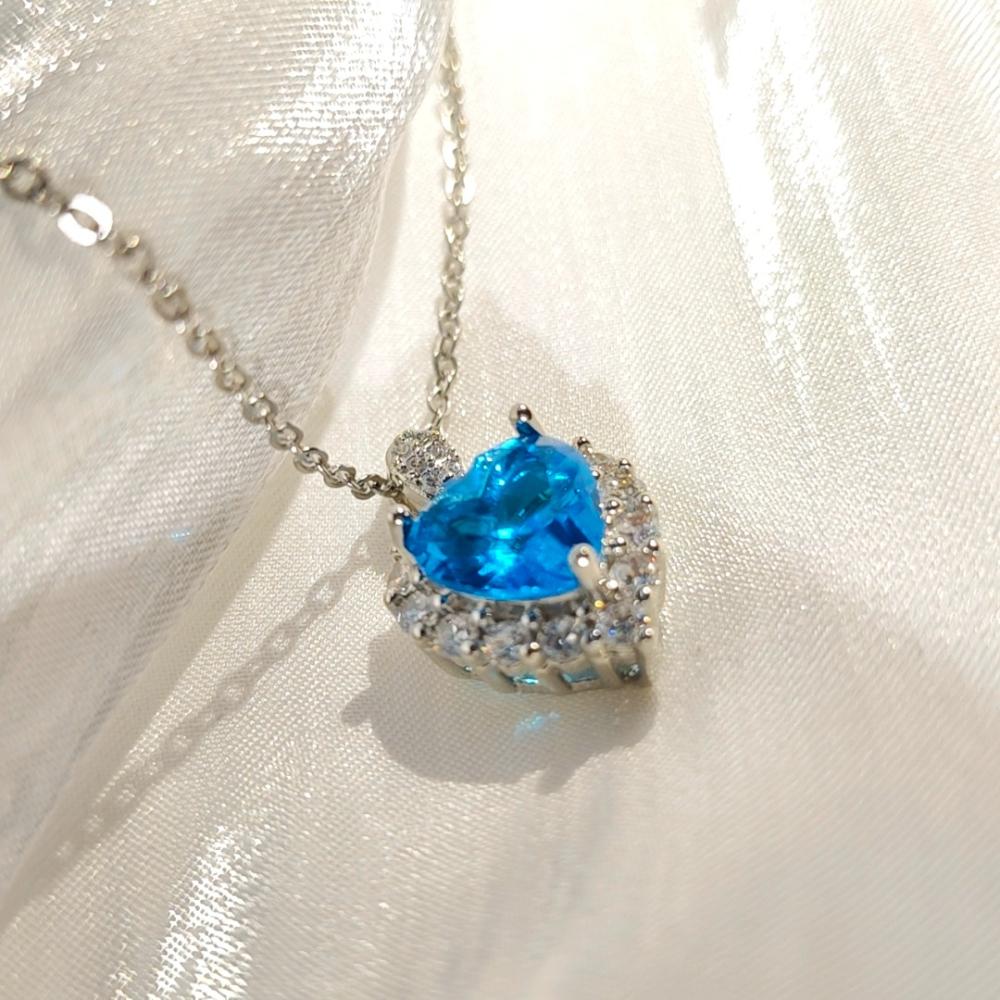 925 Sterling Silber Stilvoller Exquisiter Meeresblau Zirkon Herz Anhänger Halskette Geburtstagsparty Jubiläumsgeschenk