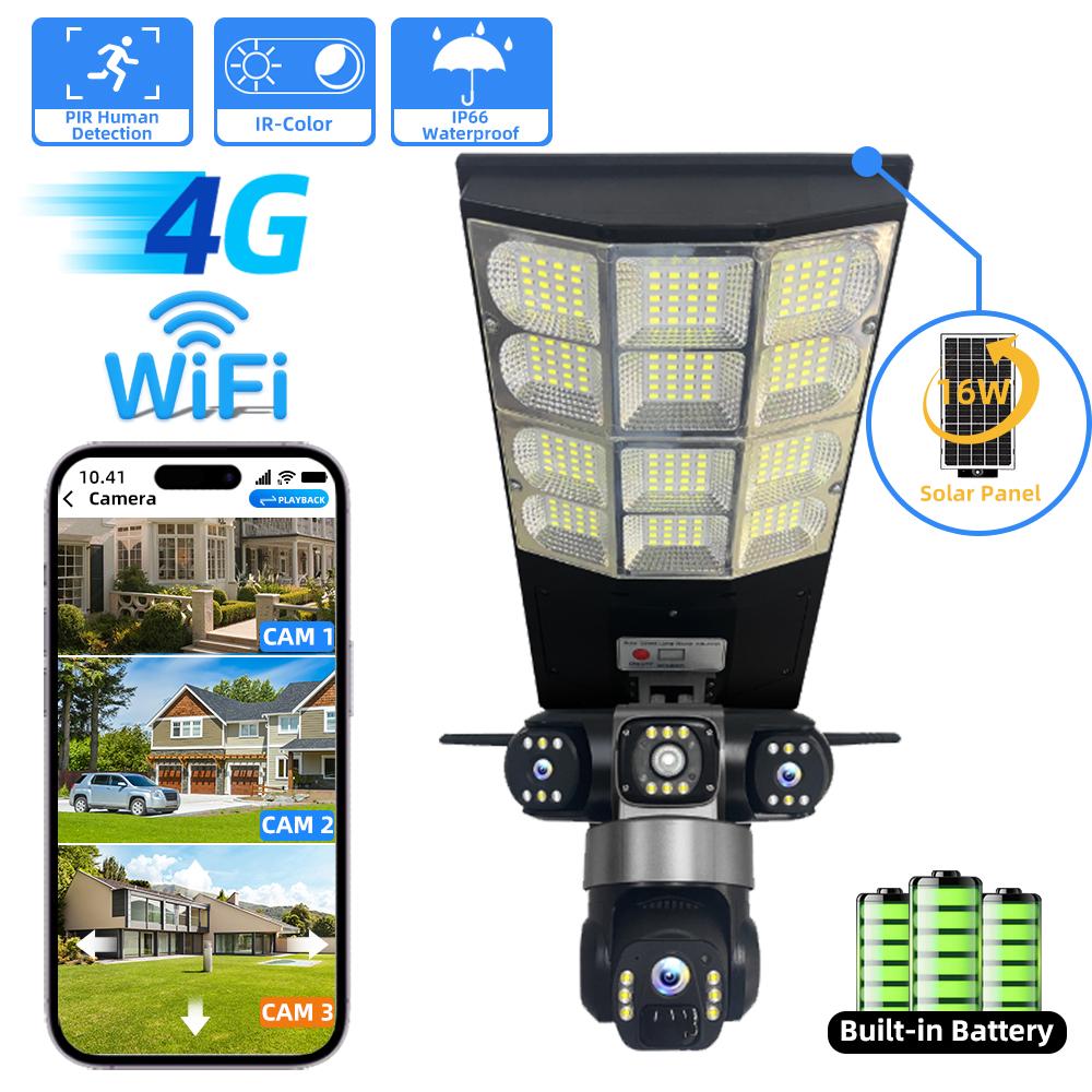 2-in-1 Solar Light & Camera, Multifunctional Street Light & Triple-Lens Surveillance , Human Motion Sensor LED Light Recorder nero