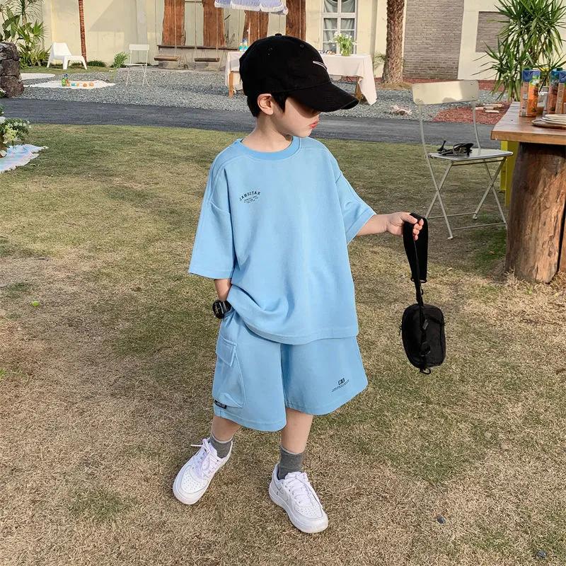 Summer Children 2-Piece Outfit Suit Casual Boys' Cotton Loose Alphabet T-shirt Tops+Short Pants Set School Kids Tracksuit