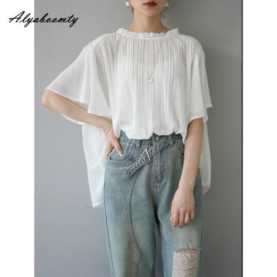 Korean Style Spring Summer Women Casual Loose Blouse Ruffled Collar White Black Pleated Blouse Batwing Sleeve Elegant Office Lady Blouse