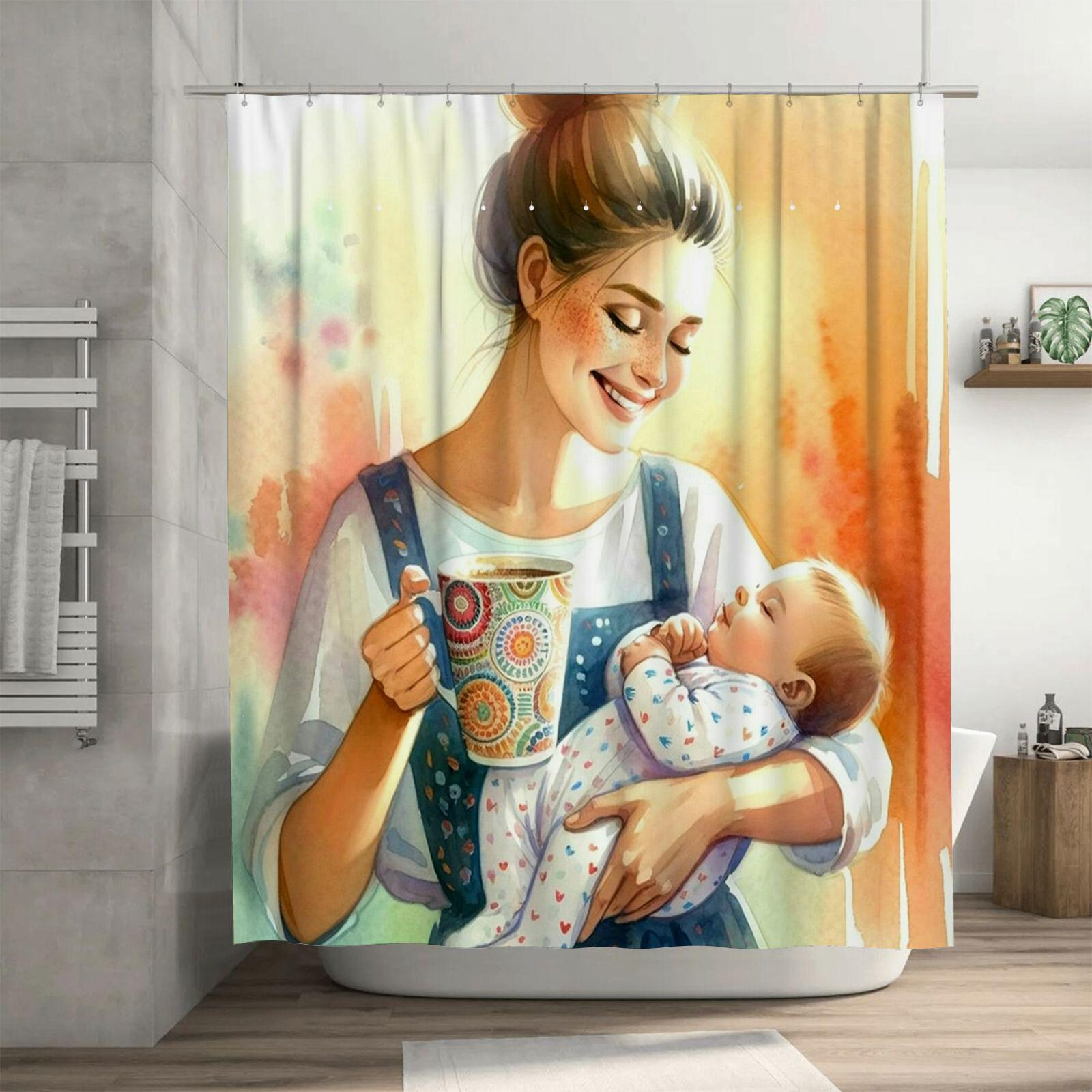 

Watercolor Mother with Sleeping Baby and Coffee Design Waterproof Shower Curtain for Modern Bathroom Decor 90X180cm(35x70in)