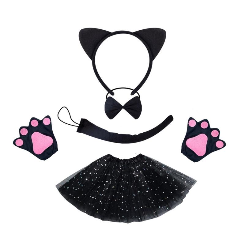 Cats Costume Set Includes Cats Tail Headband Bowtie Glove Skirt Halloween Catgirl Dress up Outfit for Kid Women Cosplay