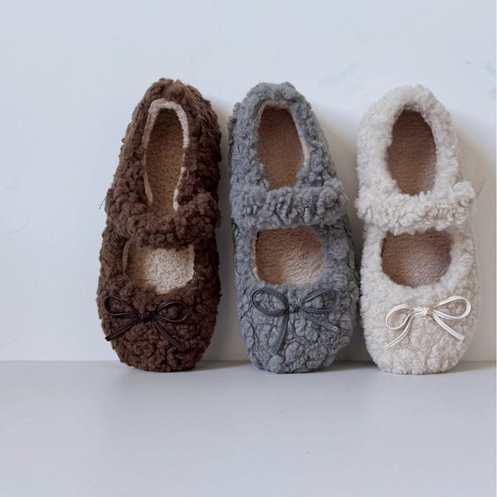 2025 autumn and winter fluffy shoes, warm and velvet cotton shoes, non-slip fairy wind Mary Jane shoes, soft-soled Doudou shoes