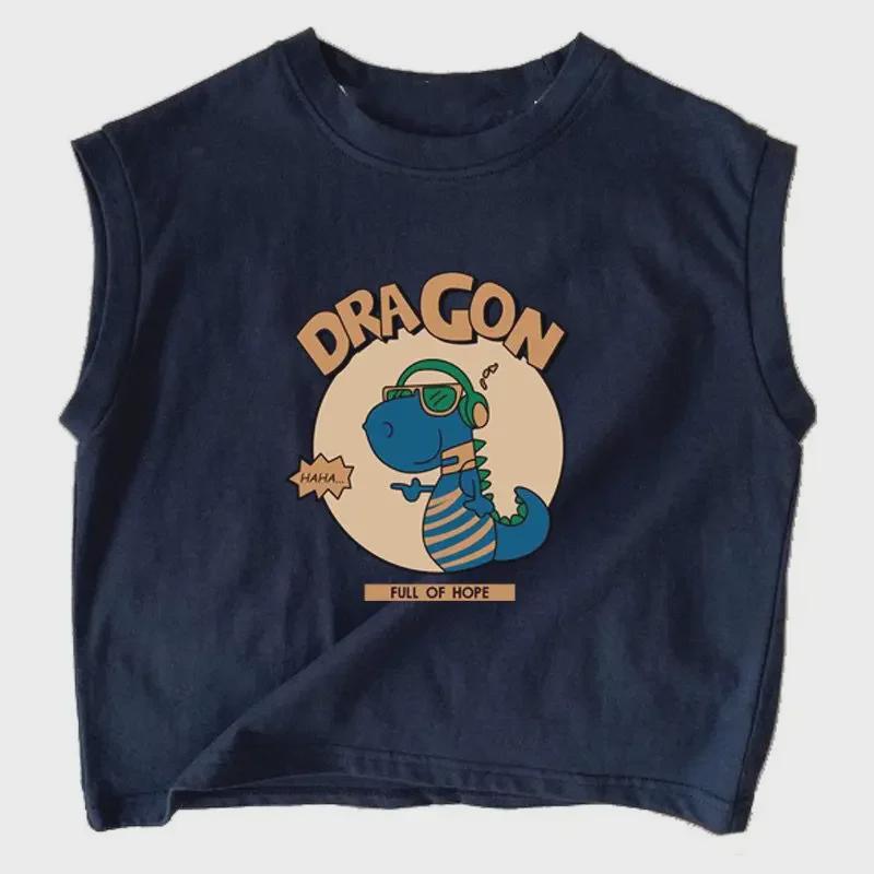 2024 Fashionable Dinosaur Cartoon Sleeveless Cotton T-Shirt for Boys & Girls - Summer Casual Top