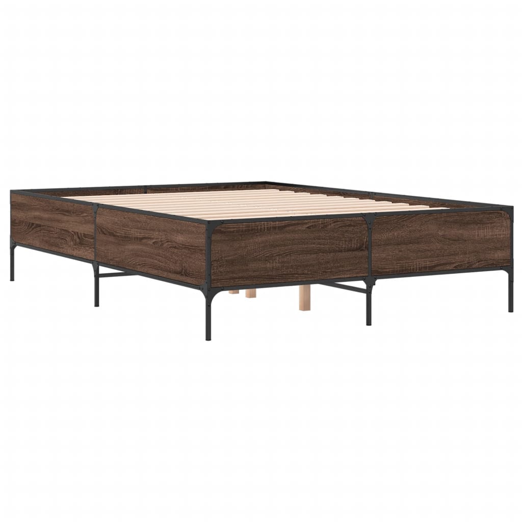 Brown Oak Effect Bed Frame 135 x 190 cm Wood Based Panel & Metal