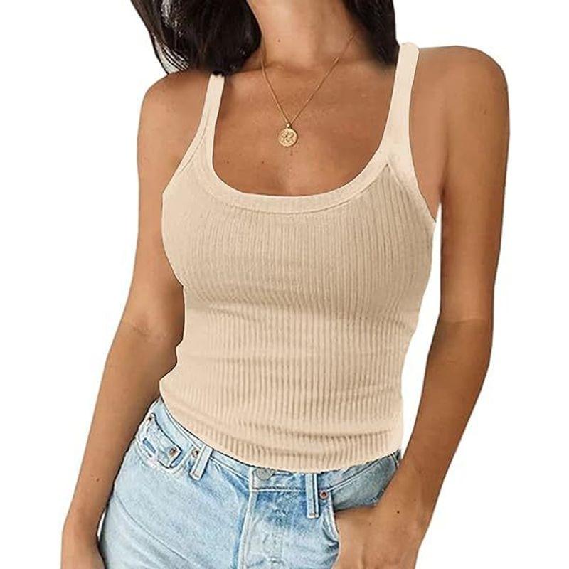 

Solid Color U-neck Slim Fit Sleeveless Top Pure Color U Neck Sleeveless Tops Women U-collar-khaki XL