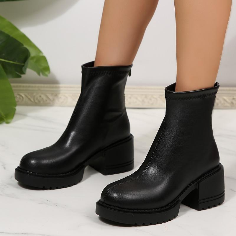 Women Fashion Boots Round Toe Platform Sole Square Heel Back Zipper Short Boots Retro All-match Waterproof Platform Autumn Boots