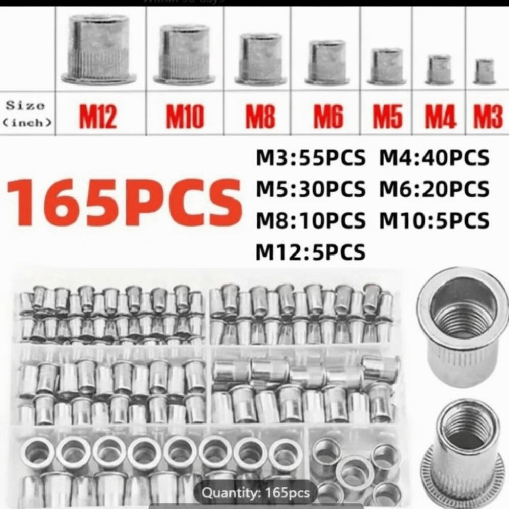 150/165Pcs Assorted Sizes Rivet Nut Assortment Kit SAE & Metric Nutsert Kit  Industrial Maintenance