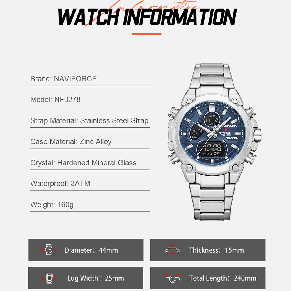 Naviforce Men Dual Time Watch Quartz Movement LCD Digital Chronograph Luminous Hands Stainless Steel Strap Waterproof Men Watch NF9278
