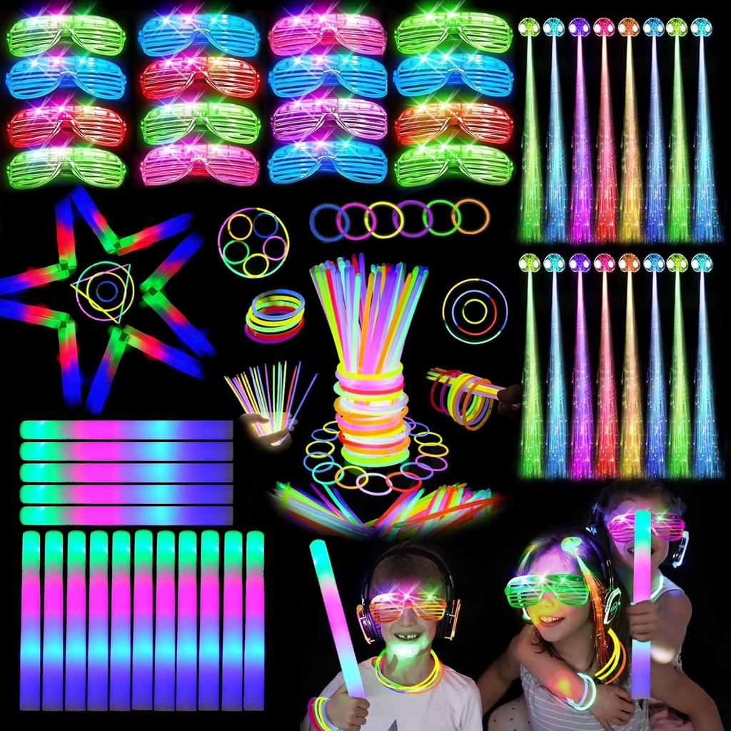 148 PCS Glow in the Dark Party Supplies, 16PCS Foam Glow Sticks, 16PCS LED Glasses,100PCS Glow Sticks Bracelets and 16Pcs LED Hair Clips Fiber Optic