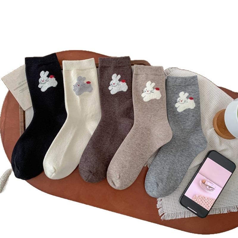 Ladies Autumn New Simple Assorted Cute Bunny College Style Breathable Sweat-absorbing Tube Cotton Socks