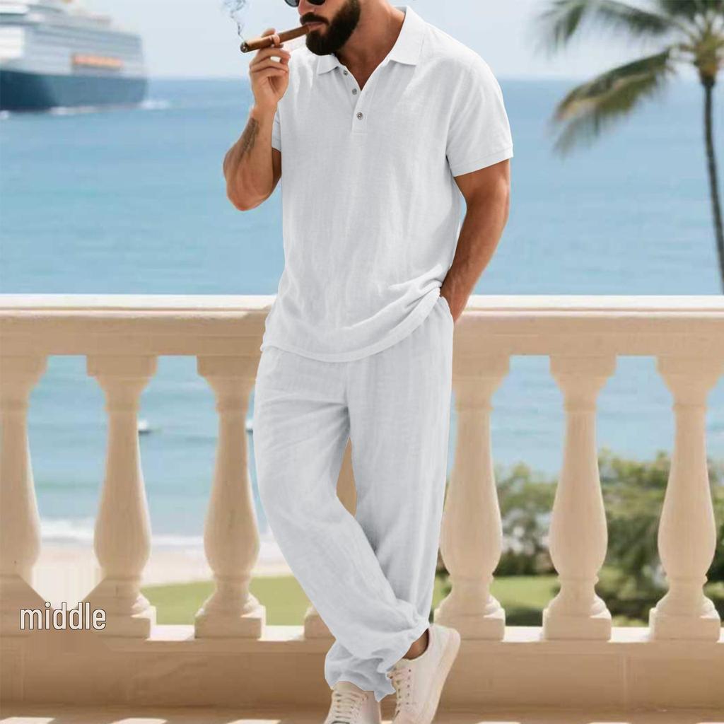 Men's European Summer Linen Polo Shirt & Pants Set - Breathable and Casual Travel Wear