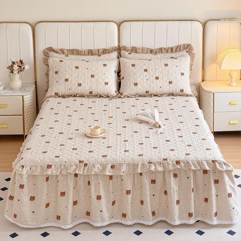 Thickened Pure Cotton Padded Bed Skirt Bedspread Cotton Padded Ruffle Edge Protection Non-slip Pillowcase Bedspread Cover