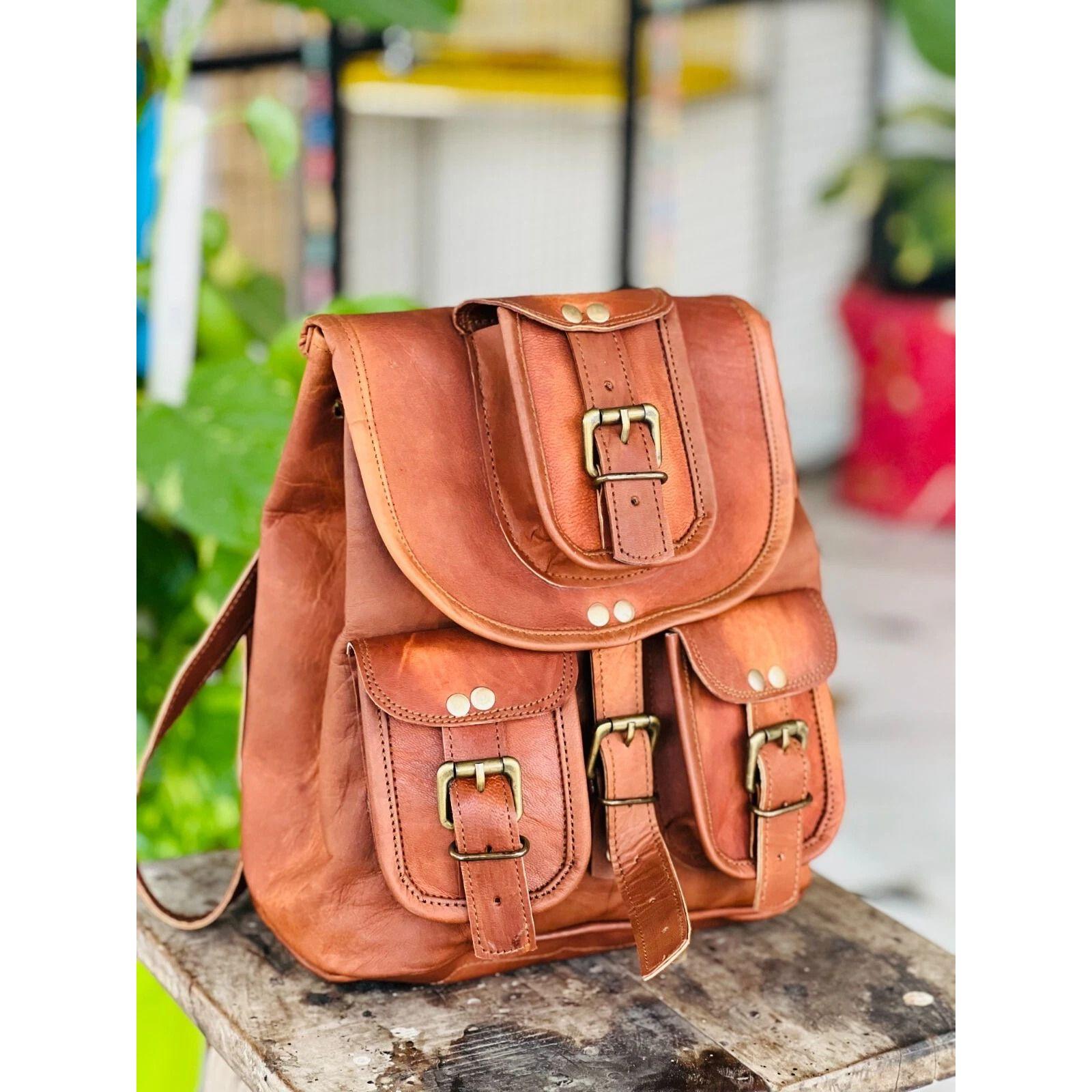 

Новый рюкзак из козьей кожи, кожаный рюкзак в винтажном стиле 13 x 10 x 5 in коричневый