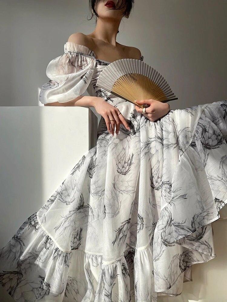 Sommerliches Blumenkleid Damen Sexy Französischer Stil Vintage Party Midi-Kleider Lässig Koreanische Mode Elegantes Retro-Kleid 2026 Neu