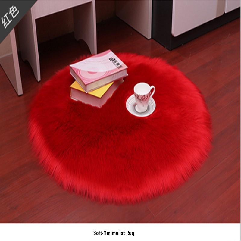 European Style Plush Faux Wool Round Carpet for Living Room or Bedroom, White Bay Window Mat.