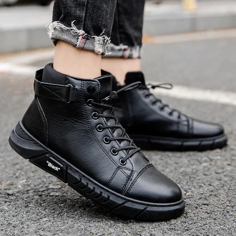 Ankle Boots for Men Motorcycle Boots PU Leather Men's Sports Shoes Autumn Winter Comfort High-top Casual Fashion Platform Boots
