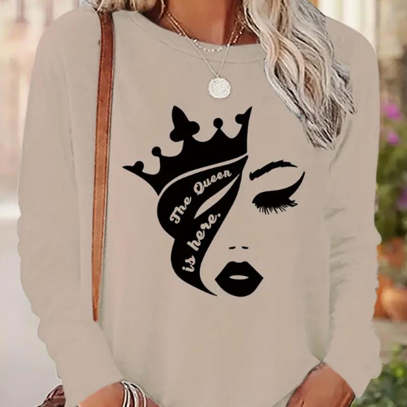 Tops For Women Fashionable Girl's Face Print Round Neck Long Sleeve T-shirt Fall Casual Slim Pullover Women's Long Sleeve Top